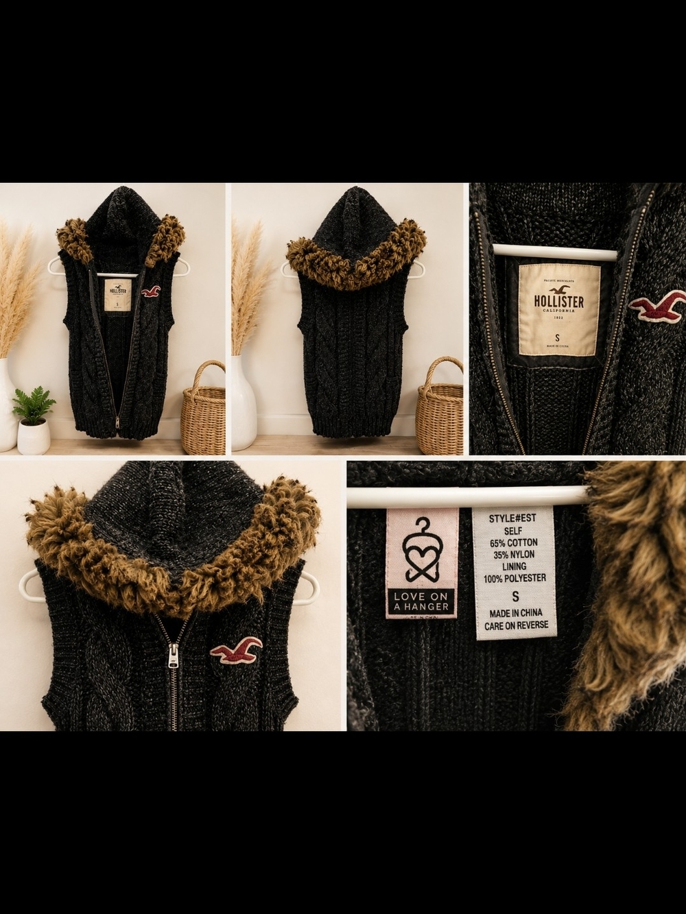 Hollister Charcoal Cable-Knit Hooded Zip Vest